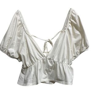 Le Lis Peplum Puff Sleeve Back Tie Crop Top Ivory Size Medium NWT